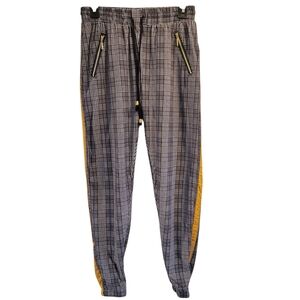 Indero Black White Gray Plaid Joggers With Yellow Side Stripe